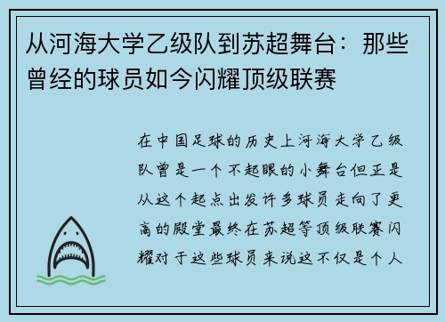 从河海大学乙级队到苏超舞台：那些曾经的球员如今闪耀顶级联赛