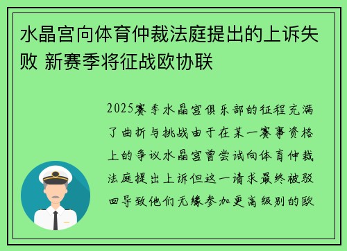 水晶宫向体育仲裁法庭提出的上诉失败 新赛季将征战欧协联