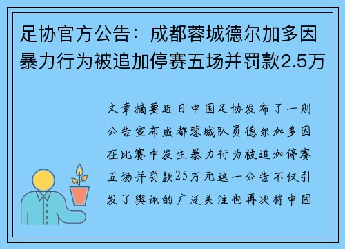 足协官方公告：成都蓉城德尔加多因暴力行为被追加停赛五场并罚款2.5万元