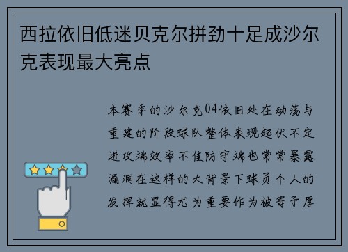 西拉依旧低迷贝克尔拼劲十足成沙尔克表现最大亮点